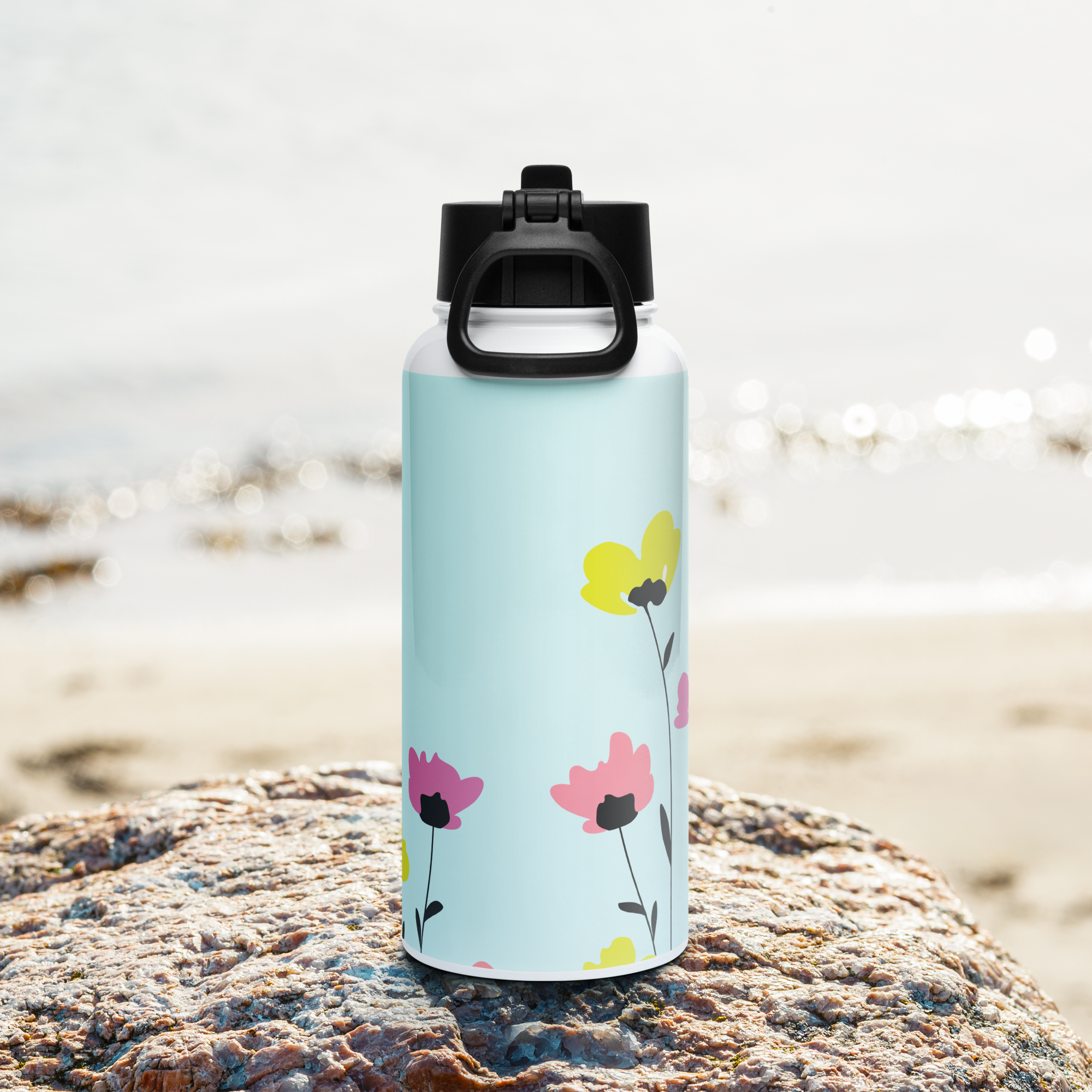 Stainless steel water bottle with a straw lid flower printed