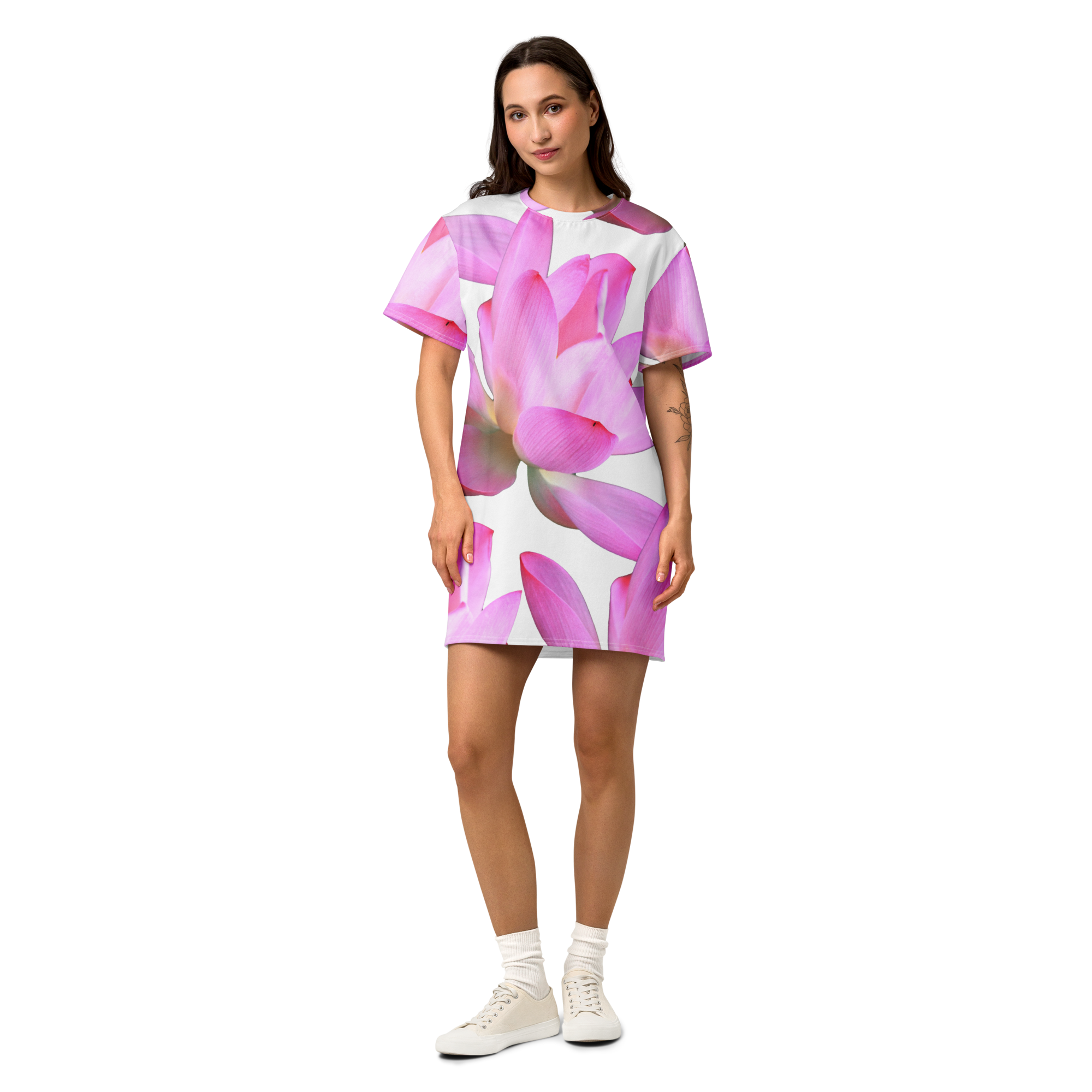 Women's knee-length pink floral cotton t-Shirt – soft & stylish casual wear