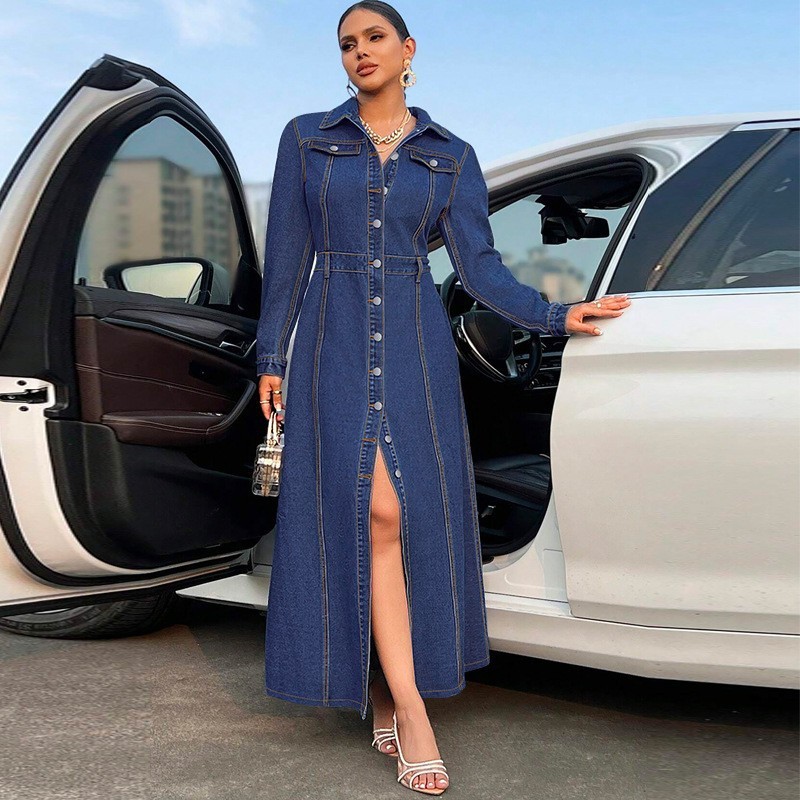 European And American Style New Plus-Size Women's Clothing With Button-Down Design, Long-Sleeved Long Coat-Style Dress, Denim Long Trench Coat