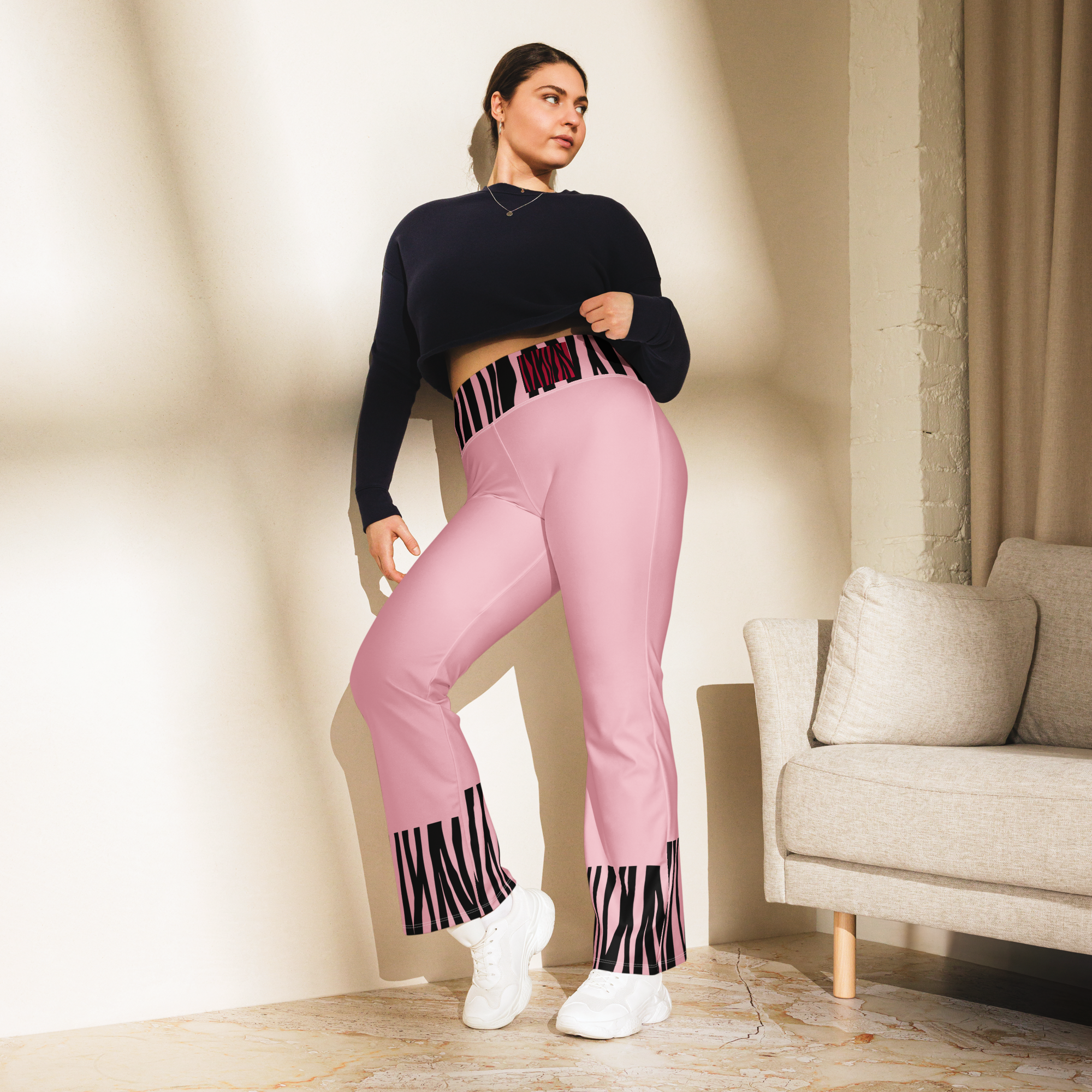 Women’s High-Rise Fold-Over Flared Leggings- Pink