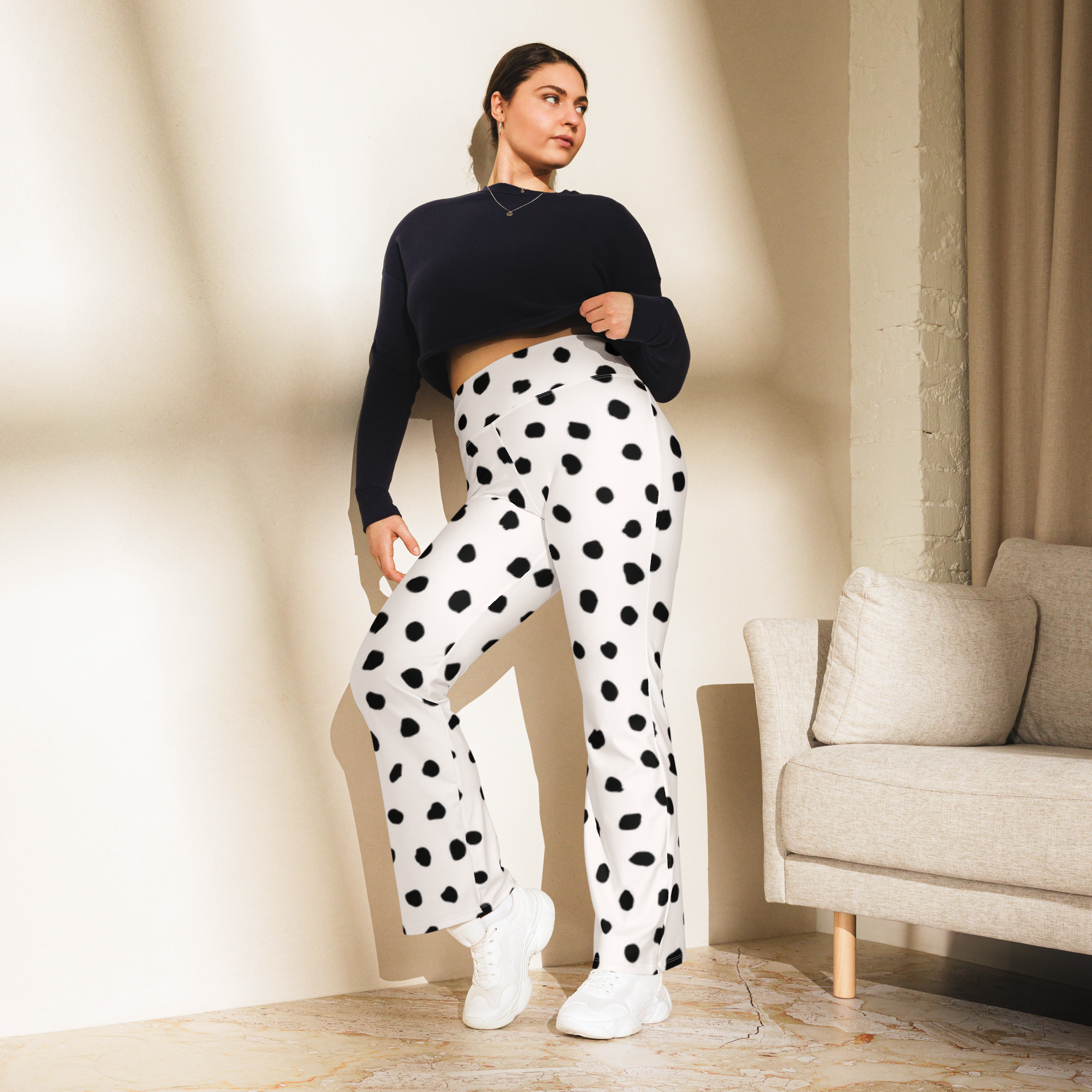 Women’s High-Rise Fold-Over Flared Leggings- white dotted