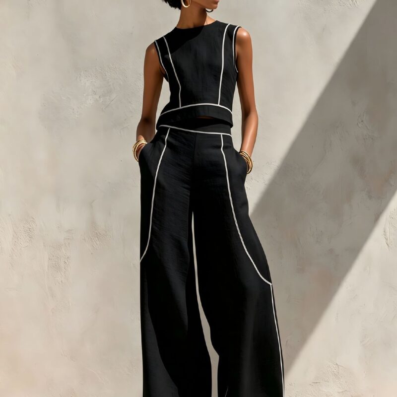 New European And American Style Sleeveless Color-block Wide-leg Pants Set For Women, Summer Casual Fashion Two-piece Set, Trendy Cross-border Style