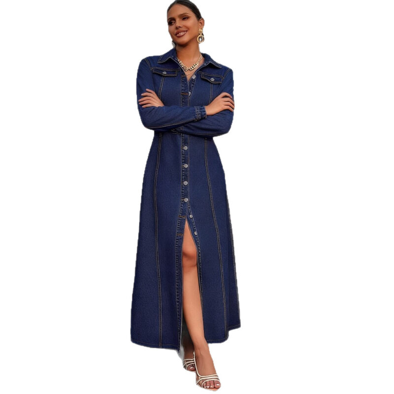 New Style New Plus-Size Women's Clothing With Button-Down Design, Long-Sleeved Long Coat-Style Dress, Denim Long Trench Coat